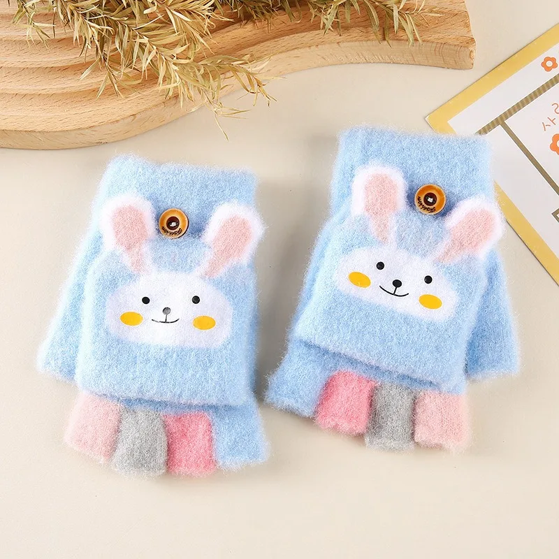 Cartoon Bunny Flip Half Finger Knitted Gloves Winter Thick Warm Five Finger Kids Gloves Fit 4-11 Years Old