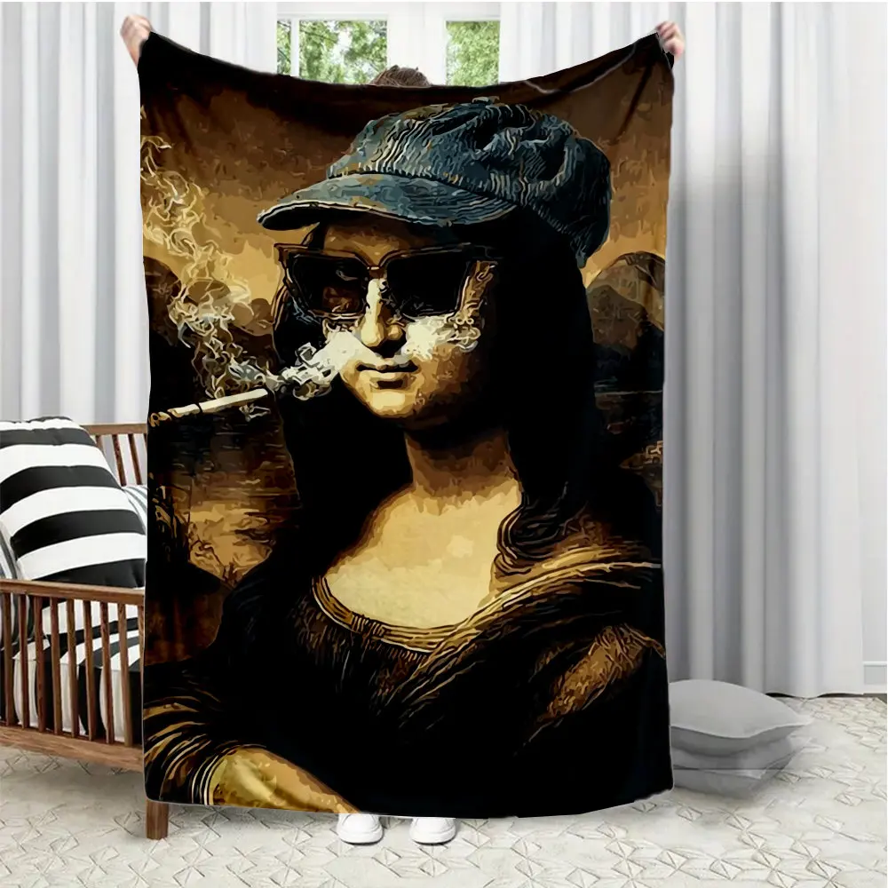 Interesting Mona Lisa pattern Flannel printed blanket suitable for all seasons suitable for living room office sofa and travel