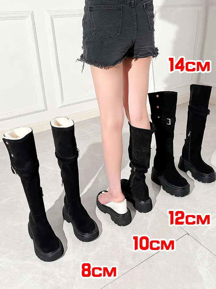 Botas con alzas de 10-14cm para mujer, zapatos con aumento de altura, botines de plataforma, botas de moda de cuero genuino, Botas Largas negras para mujer