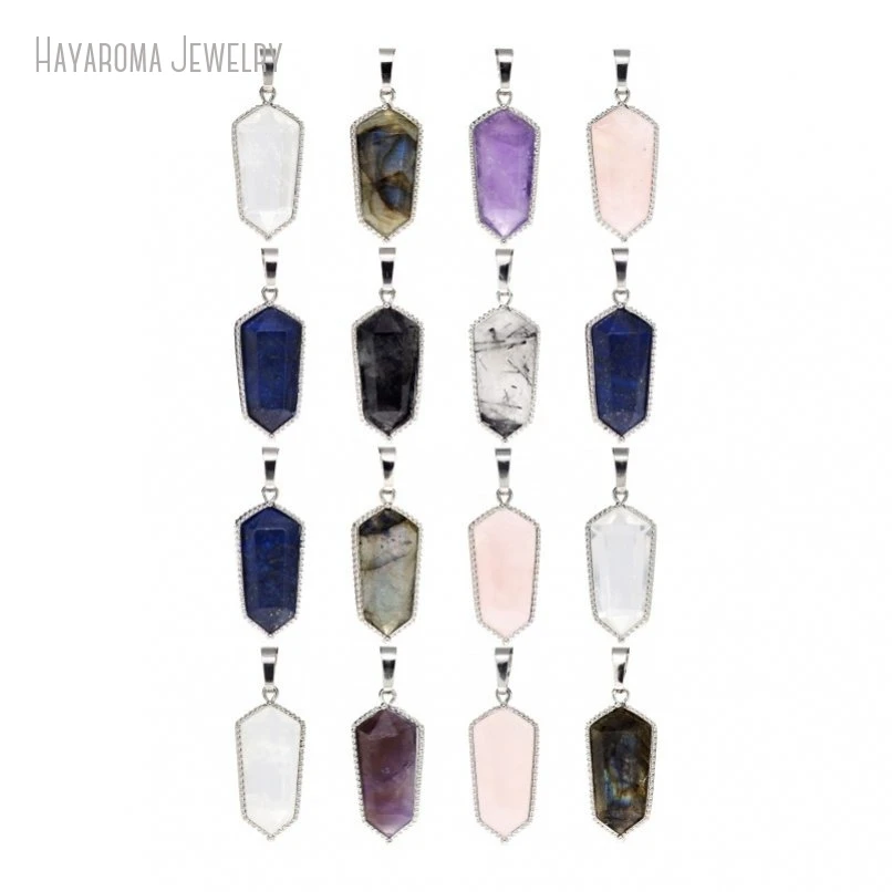 12Pcs Jewelry Silver Color Hexagon Double Terminated Point Crystal Semi-precious Stone Gemstone Pendant PM46806