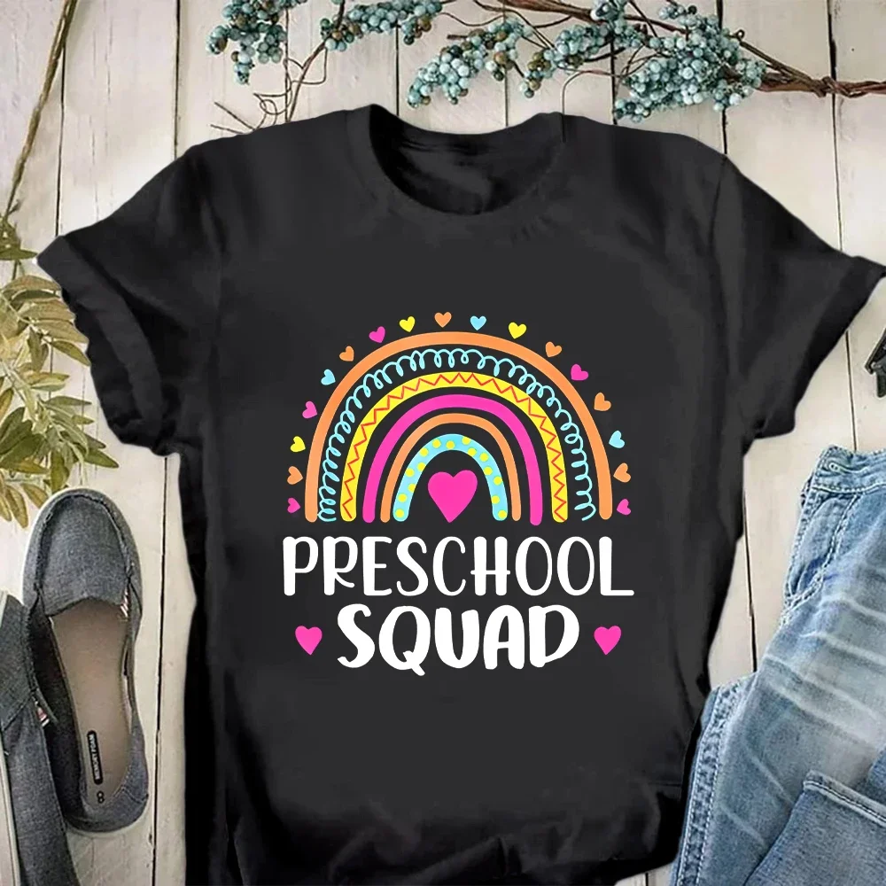 PRESCHOOL SQUAD Rainbow Preschool Teacher Funny Women Vintage T-shirts Quien Who Owl Spanish Teacher Short-sleev Printed Tee