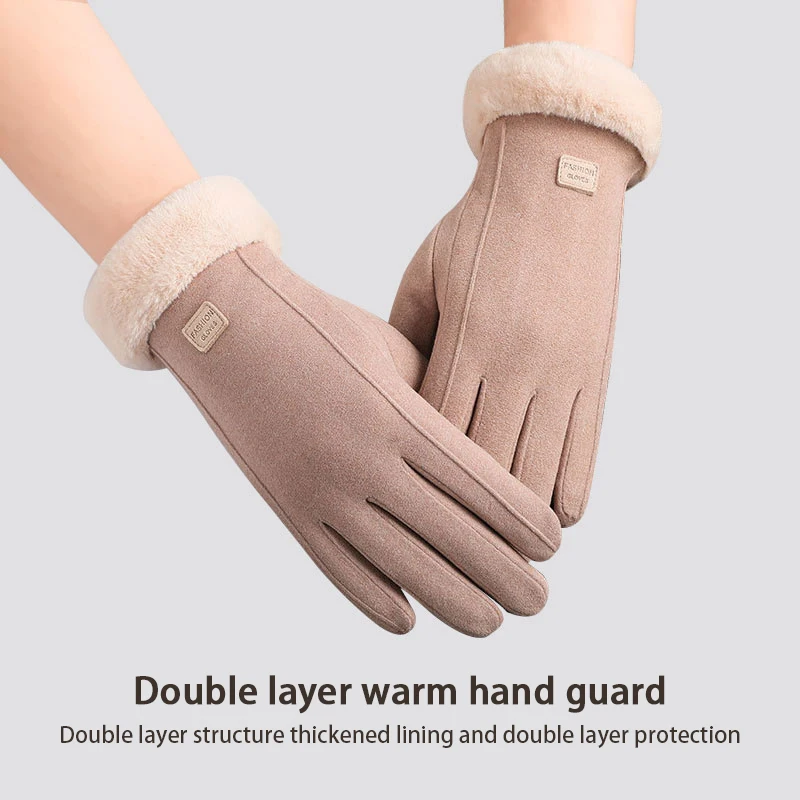 Winter Female Cashmere Warm Suede Leather Cycling Mittens Double Thick Velvet Plush Wrist Women Touch Screen Driving Gloves