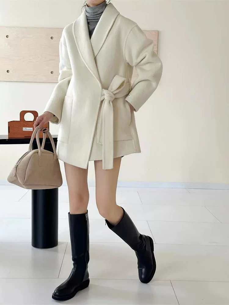 LANMREM Elegant Bow Lace-up Double Sided Woolen Coat For Women Lapel Solid Color Short Coats 2024 Autumn New Clothing 2Z2336