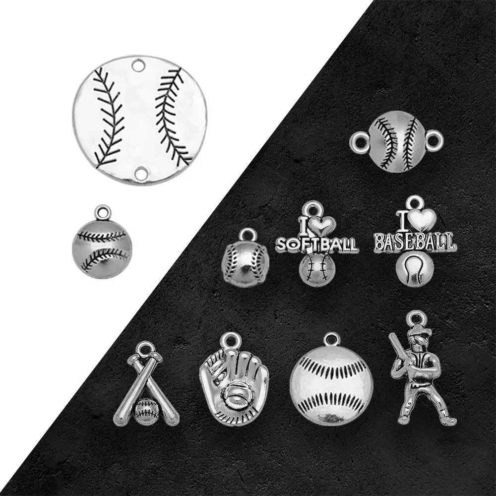 Antique Silver Plated I Love Softball Baseball Charms Sports Pendant For Diy Jewelry Making Supplies Wholesale Items Resale Bulk