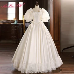 AnXin SH french retro princess white satin sweetheart flower lace short puff sleeve beading bow customized evening dress