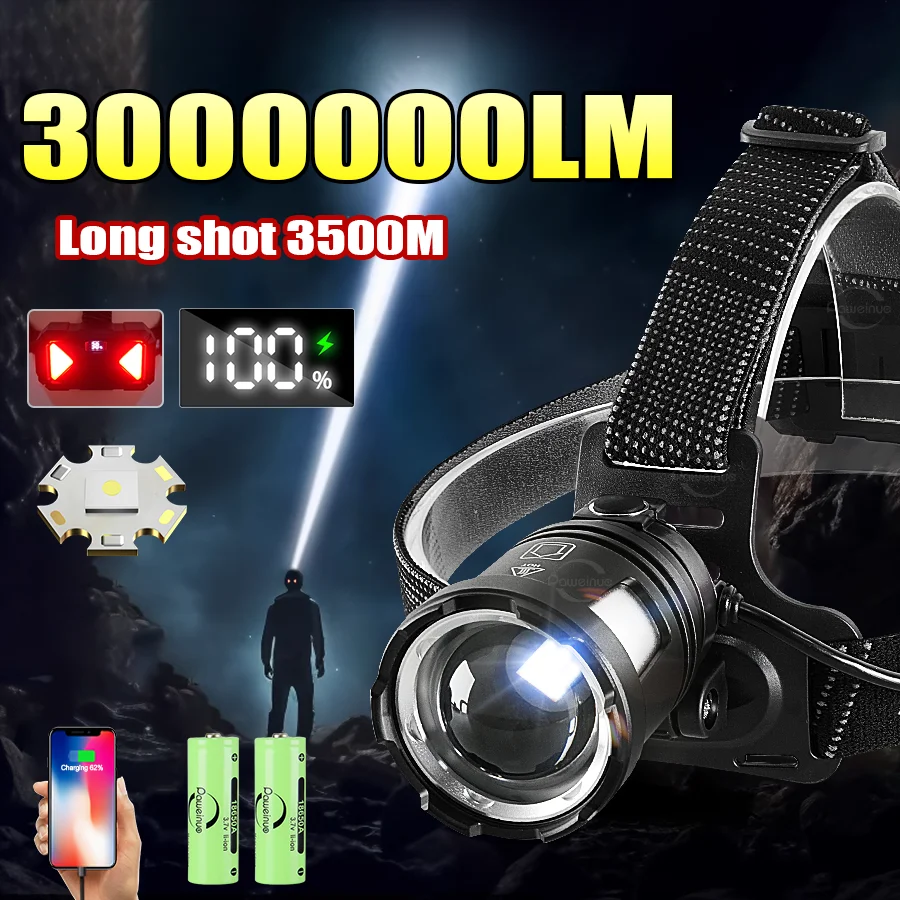

3000000LM Самый мощный светодиодный фонарь, перезаряжаемый налобный фонарь, уличный рабочий налобный фонарь 18650, водонепроницаемый зум-налобный фонарь, портативный