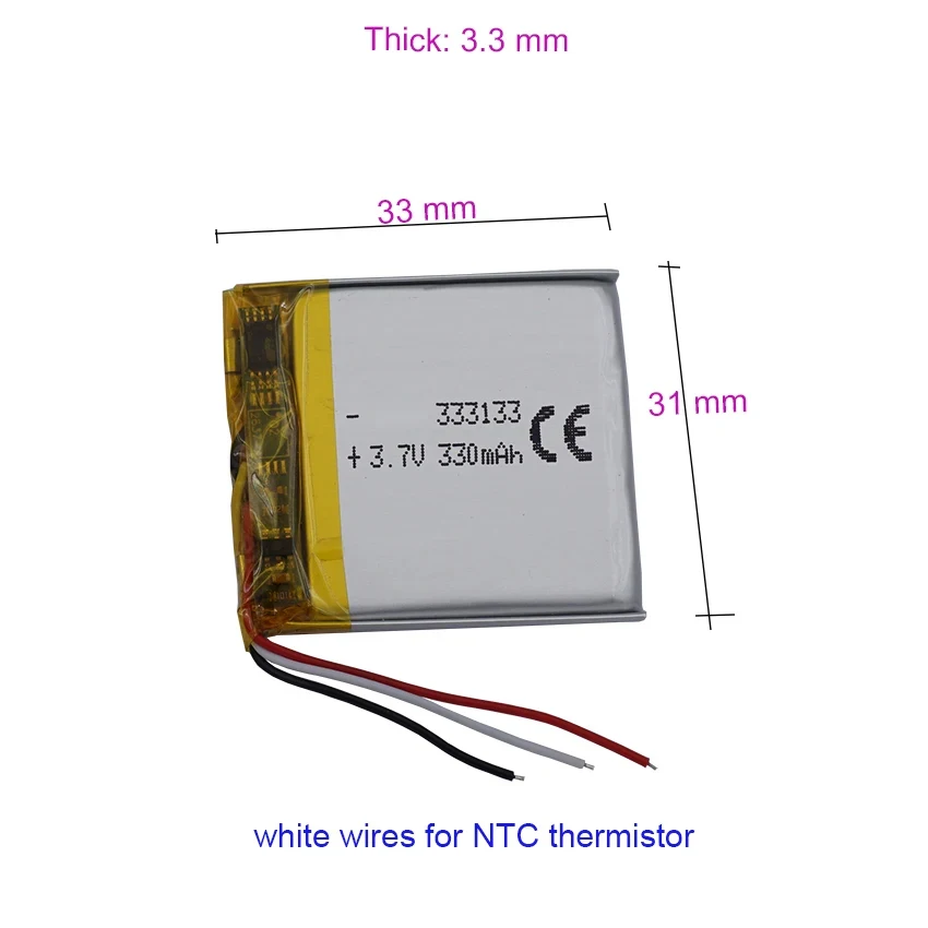 2pcs 3.7v 330mah 1.22Wh Li-polymer Li Lithium Battery 333133 NTC 3-Wires Thermistor For GPS Bluetooth Speaker Headphones DashCam