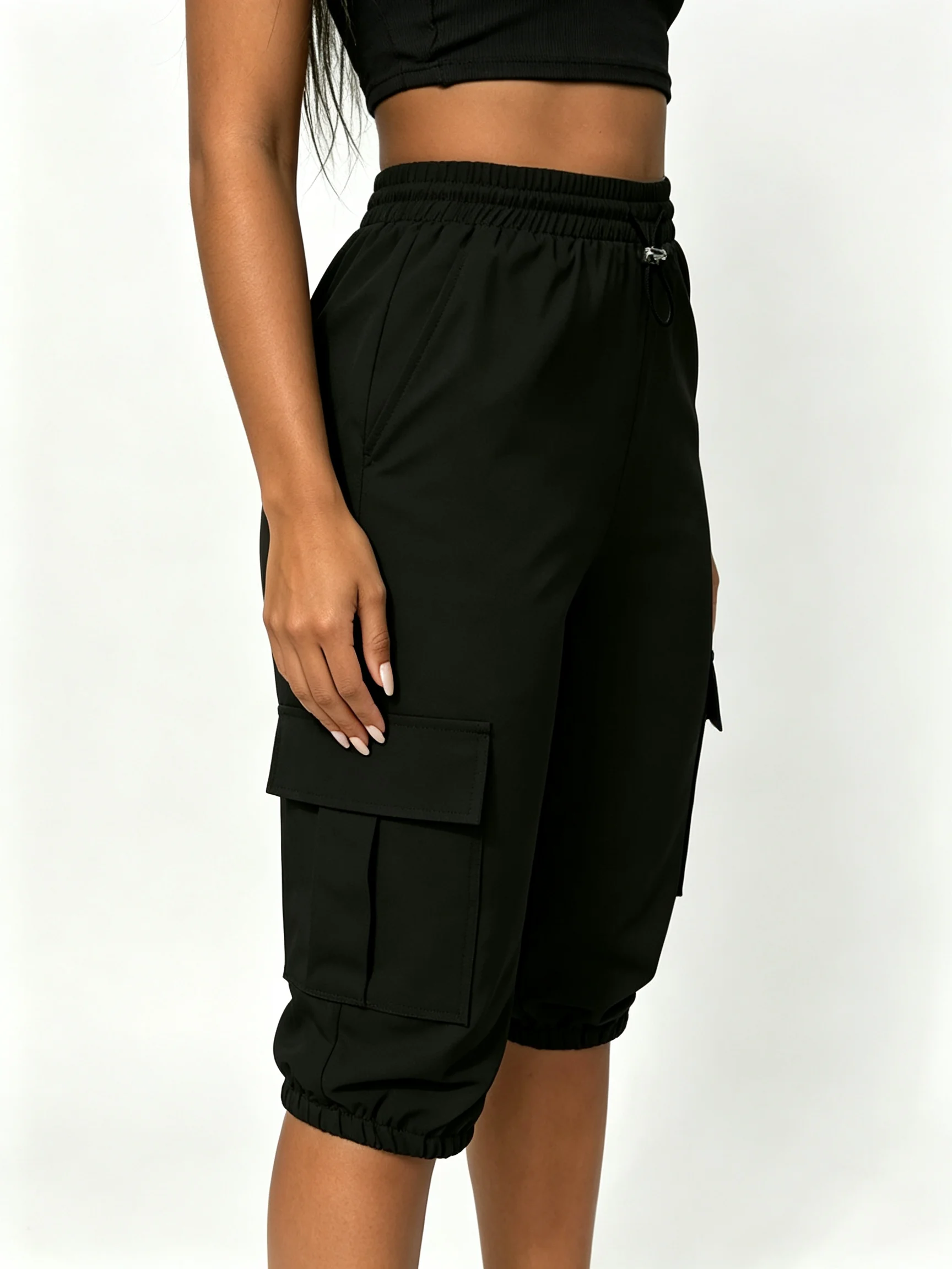 Streetwear Women Cropped Cargo Pants Elastic Waist Capri Joggers Multi Pocket Casual Loose Fit Below Knee Pants