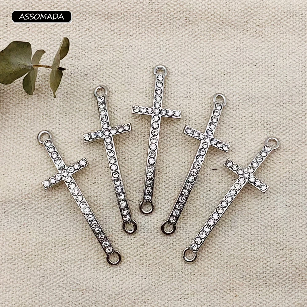 10pcs Curved Rhinstone Cross Connector For Bracelet Handmade Religious Crosses Charm Necklace DIY Jewelry Making Accessories