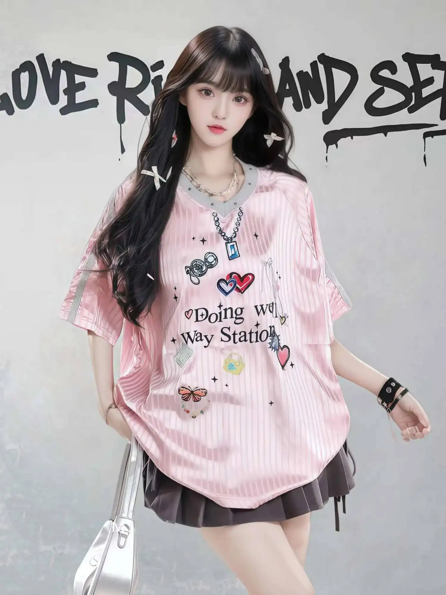 2025 Sweet Girl's Loose Baseball Jacket T-Shirt For Women Summer Pink Lazy Color-Block Striped Loose Sports Jersey Top