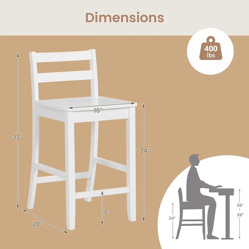 مجموعة من 4 مقاعد بارتفاع خشبية بيضاء، مقاس 24 بوصة مع مسند ظهر مريح ومسند للقدمين، طراز المزرعة لجزيرة المطبخ