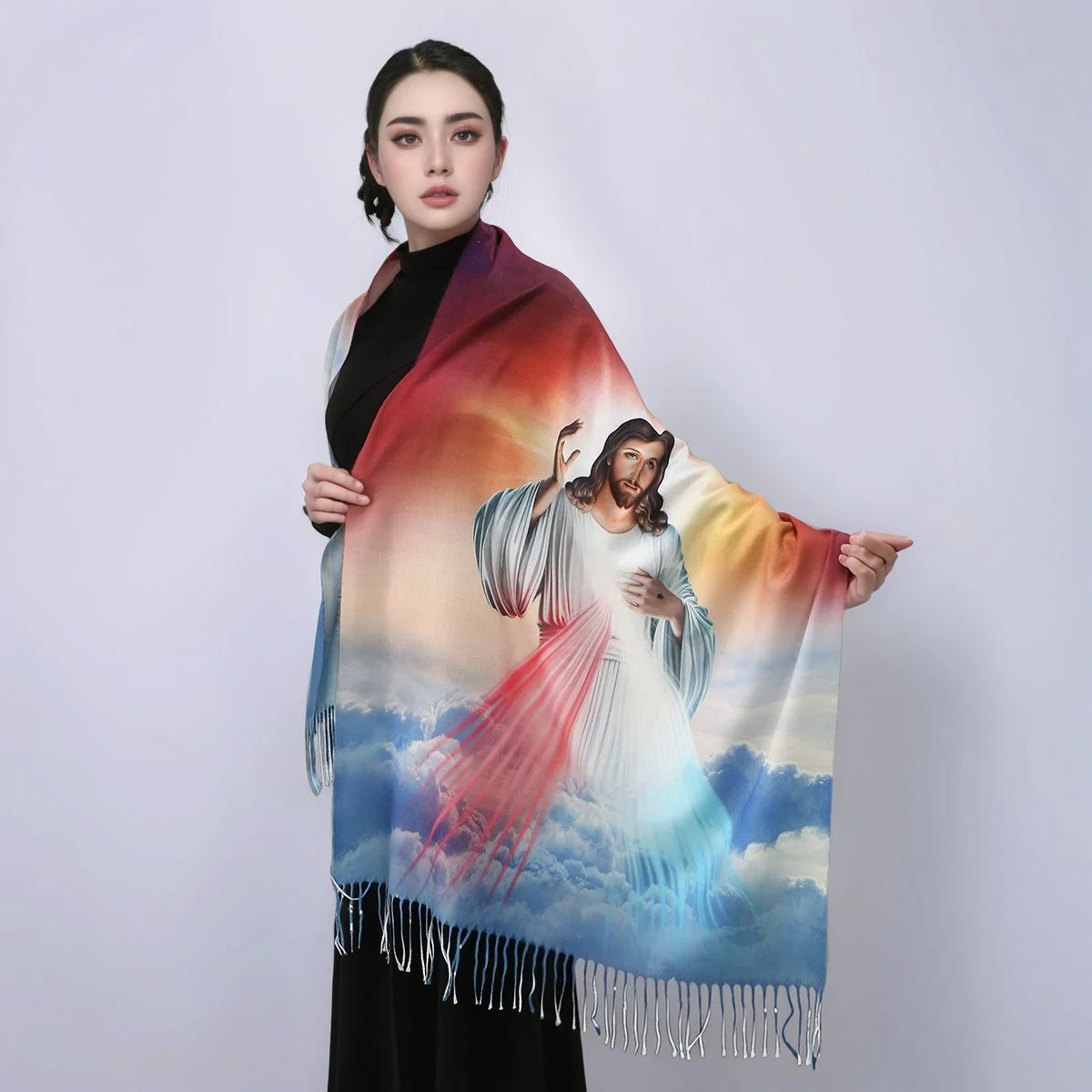 Vintage Jesus Christ Portrait Print Cashmere Scarf Religious Belief Sacred Heart Tassel Shawl Wrap Winter Prayer Scarf 180*70cm