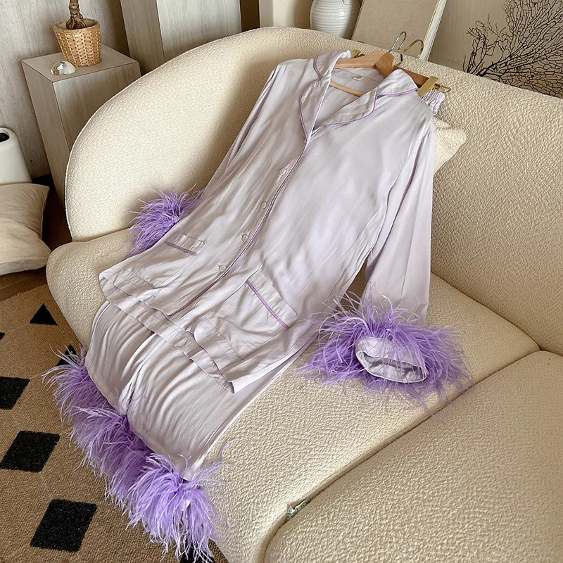 2024 Long Sleeved Sleepwear 100% Ostrich Feather Pajamas for Women Luxury Home Clothes Two Piece Purple Pajama Set Party Wear