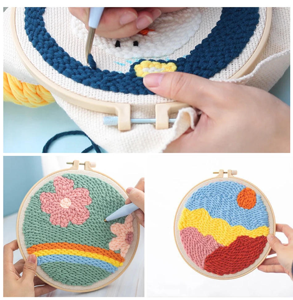 SDOYUNO Flowers Punch Needle Embroidery Starter Kits Embroidery Hoop Yarns For Adults Beginners Diy Gift