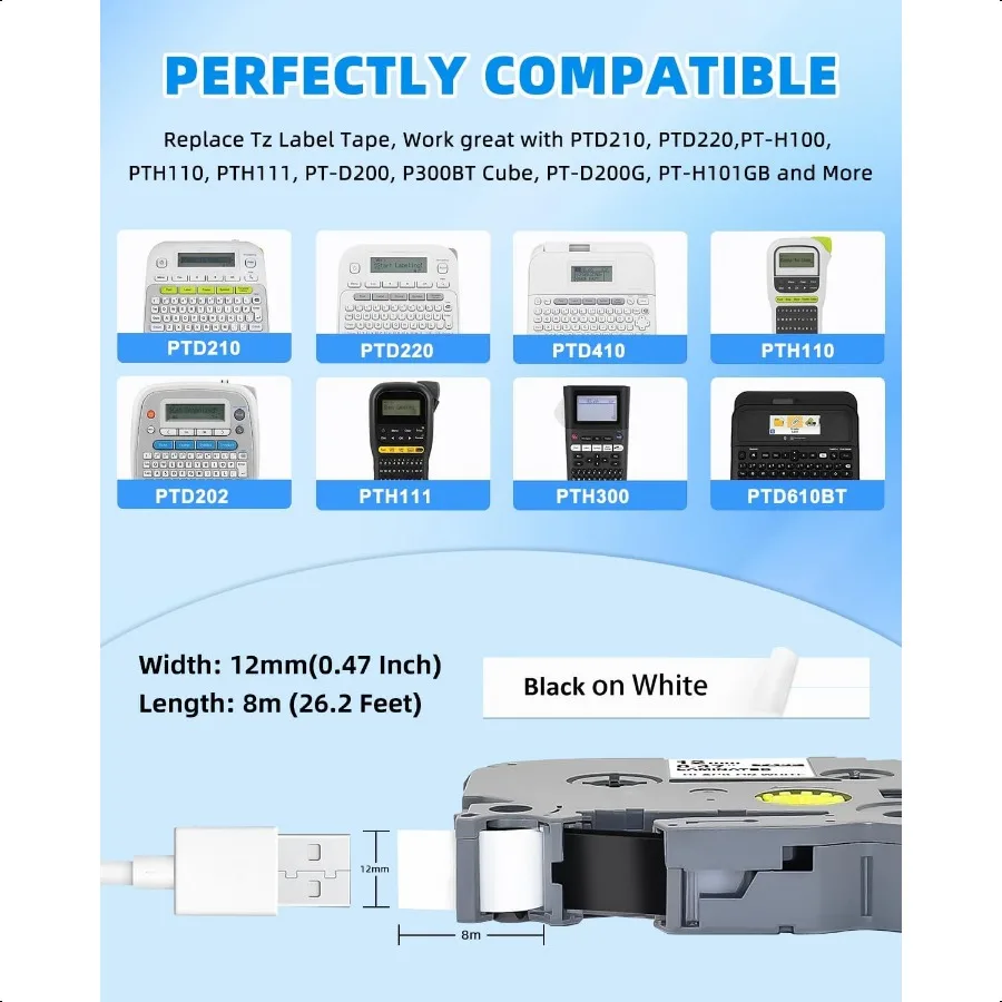 Nastro per etichettatrice da 6 pezzi Sostituisci per nastro TZe231 Tze Tz 12 mm 0,47 pollici bianco laminato compatibile con Brother P Touch Label Make