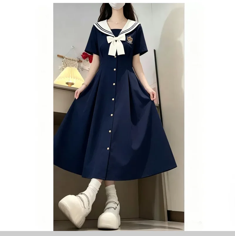 Summer style college style navy collar waist slimming dress