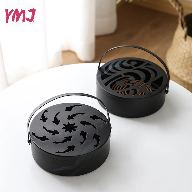 

Iron Mosquito Coil Holder Hollow Mosquito Coil Box Round Incense Burner With Handle Home Office Portable Anti-Scald Wrought Box