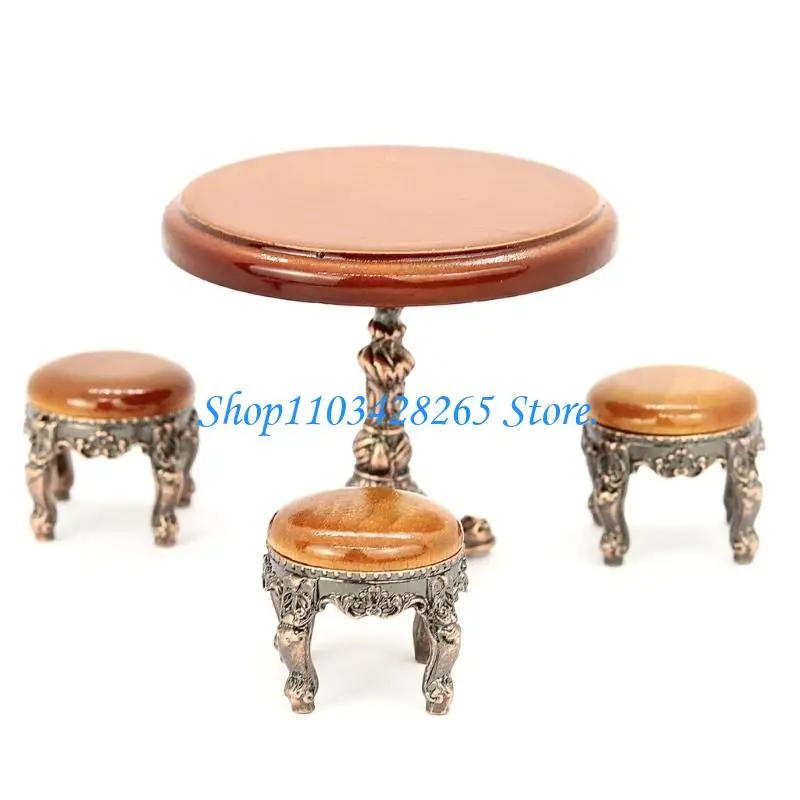 مجموعة مائدة مستديرة لبيوت الدمى بمقياس 1:12 مكونة من 4 كراسي أثاث مصغر لمشهد تناول الطعام G2TE