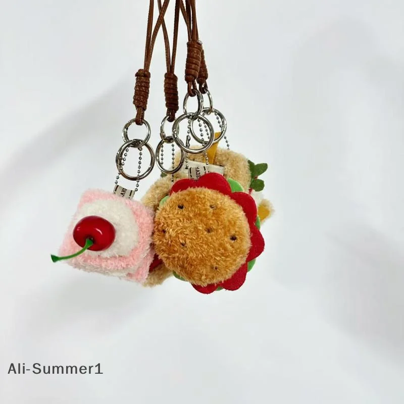 【E】Llavero de peluche de pastel sándwich de hamburguesa de simulación, llavero creativo de comida bonita, llaveros de muñecos de peluche, bolso encantador, regalos colgantes