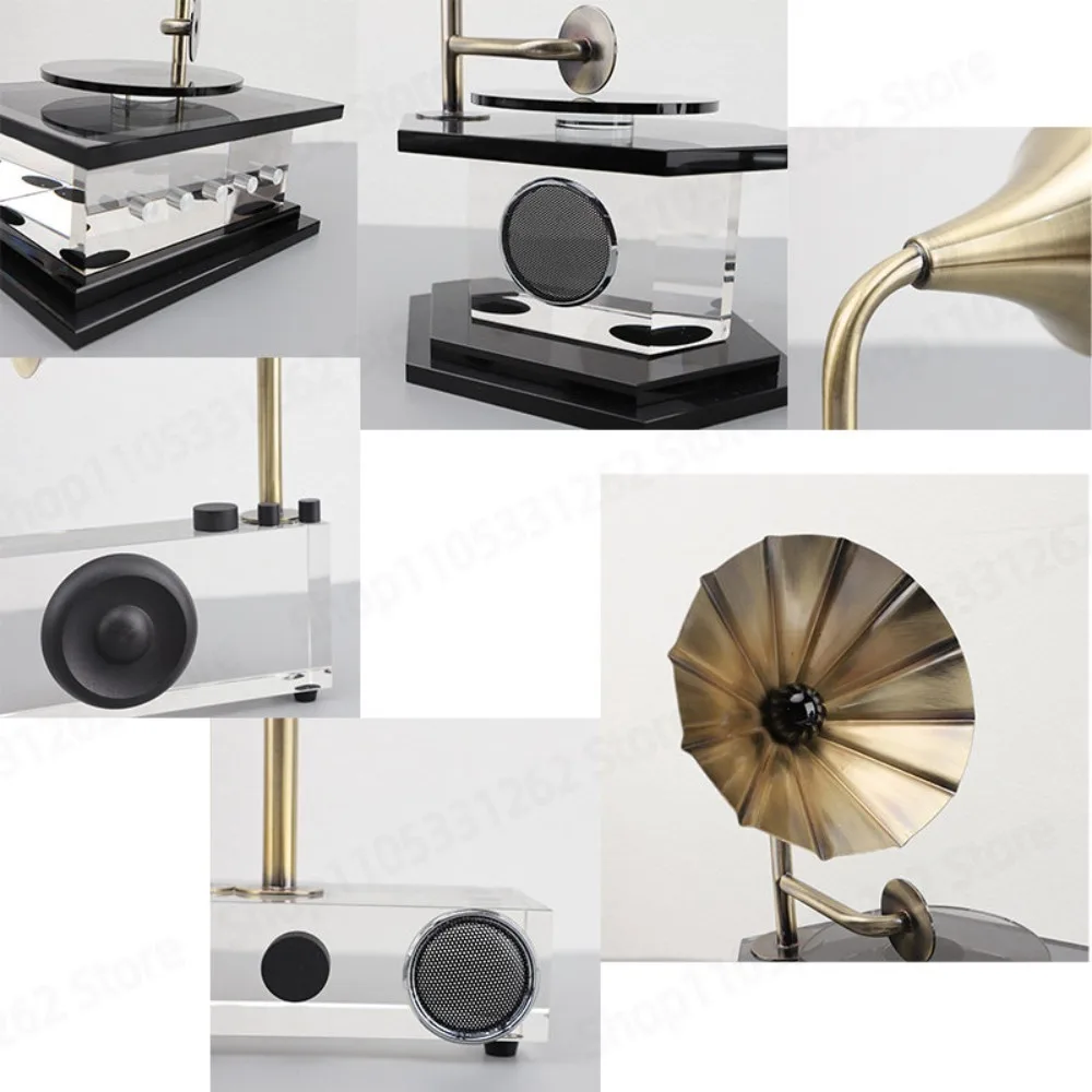 Retro Crystal Gramophone Ornament, Modern Vintage Metal Phonograph Decor for Home Office, Creative Tabletop Figurine