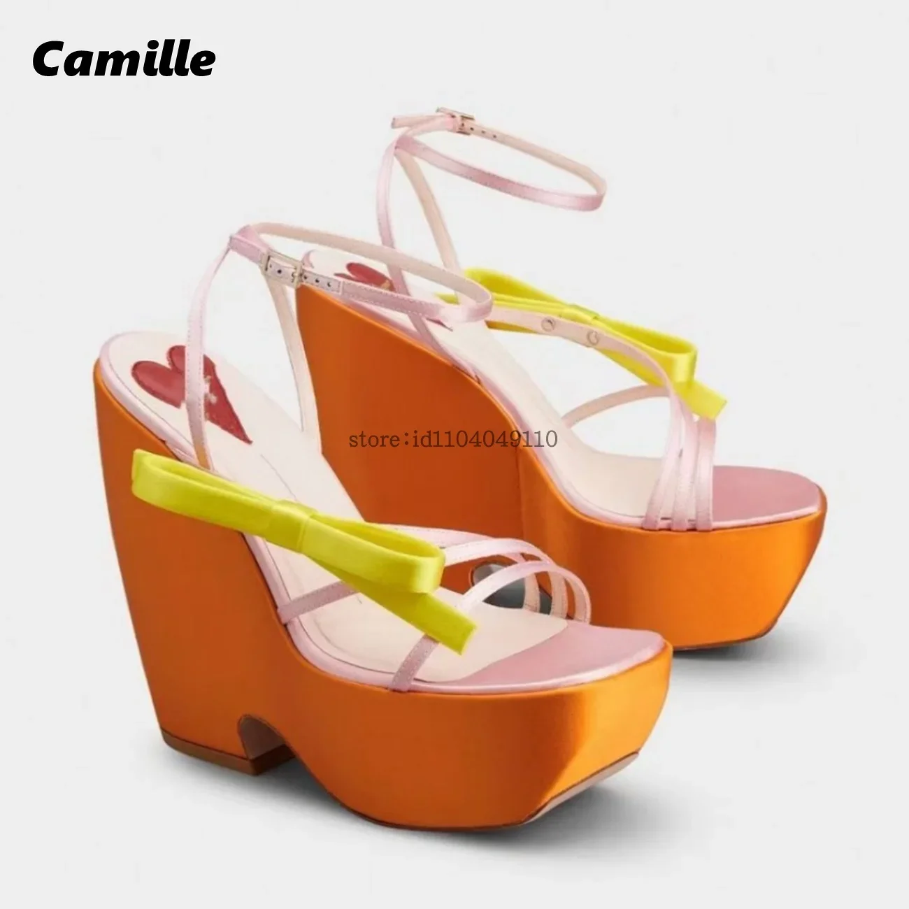

Satin Bow Knot Ankle Buckle Strap Wedge Sandals 2025 New Catwalk Style Size 34-43 Sexy Sandals One Word Belt Simple Grace Shoes
