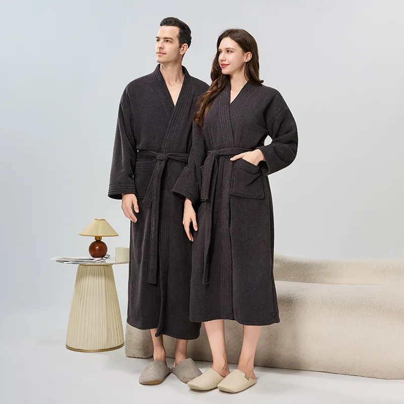 

Autumn Winter Couple Kimono Coral Fleece Men's and Women's Long Solid Causal Flannel Bathrobe