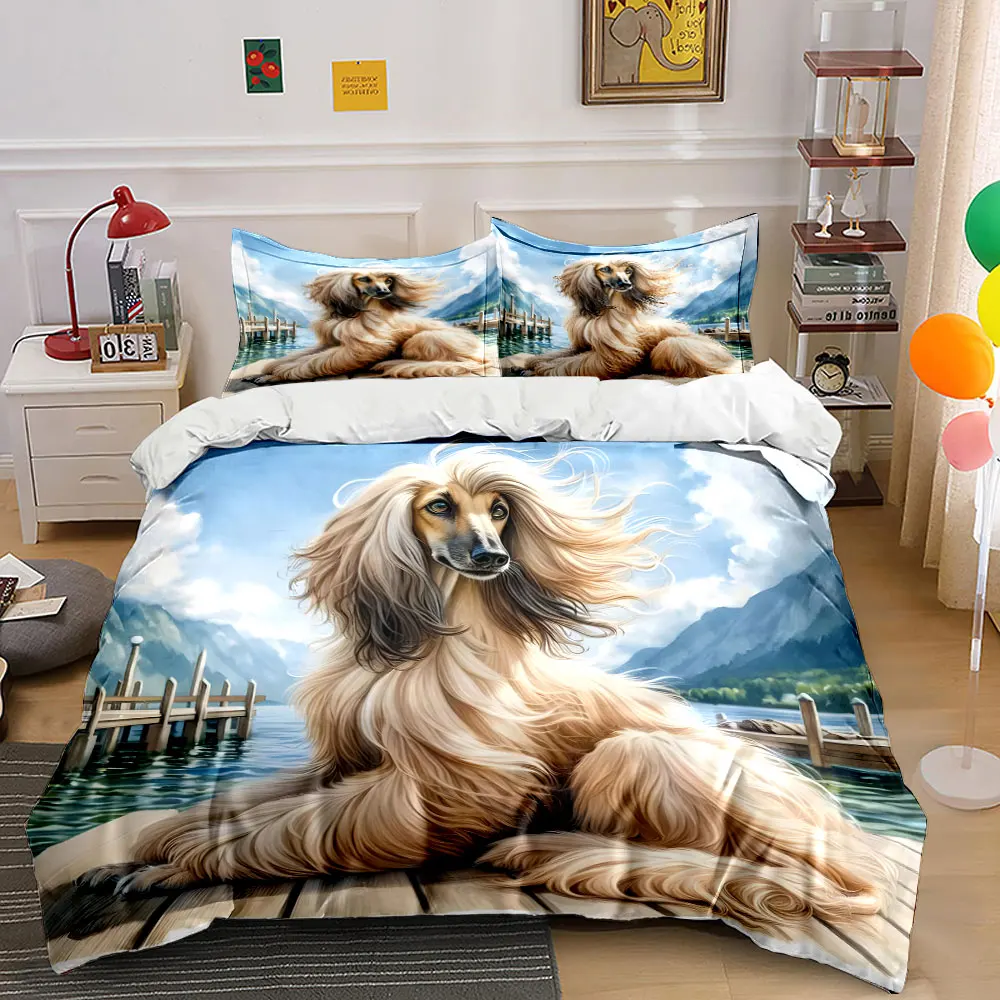 3Pcs Scenic Dog Bedding Set, Graceful Afghan Hound on Mountain Lake Dock Print Duvet Cover, great home Decor, gift