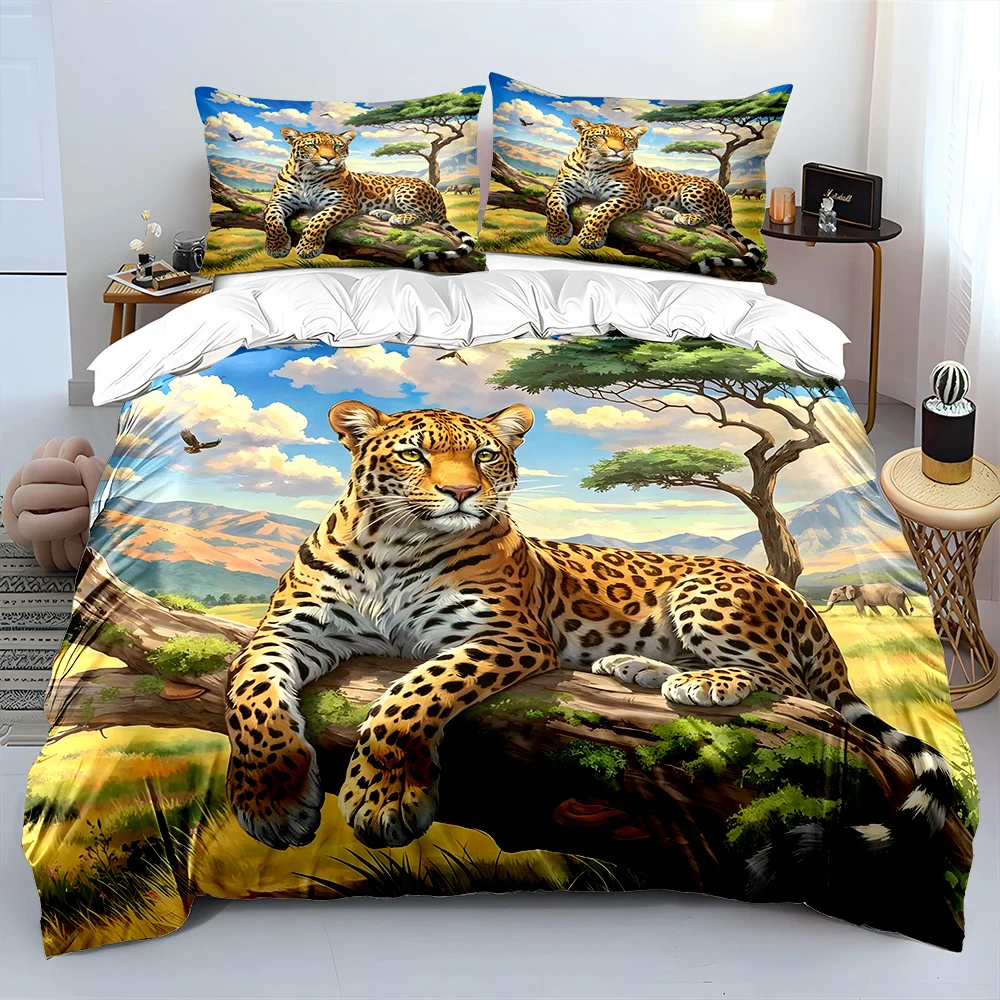 Rlaxed leopard resting on branch Bedding Set for Kids Luxury Gift 3pcs Digital Print Comforter Set Soft Comfortable Breathable