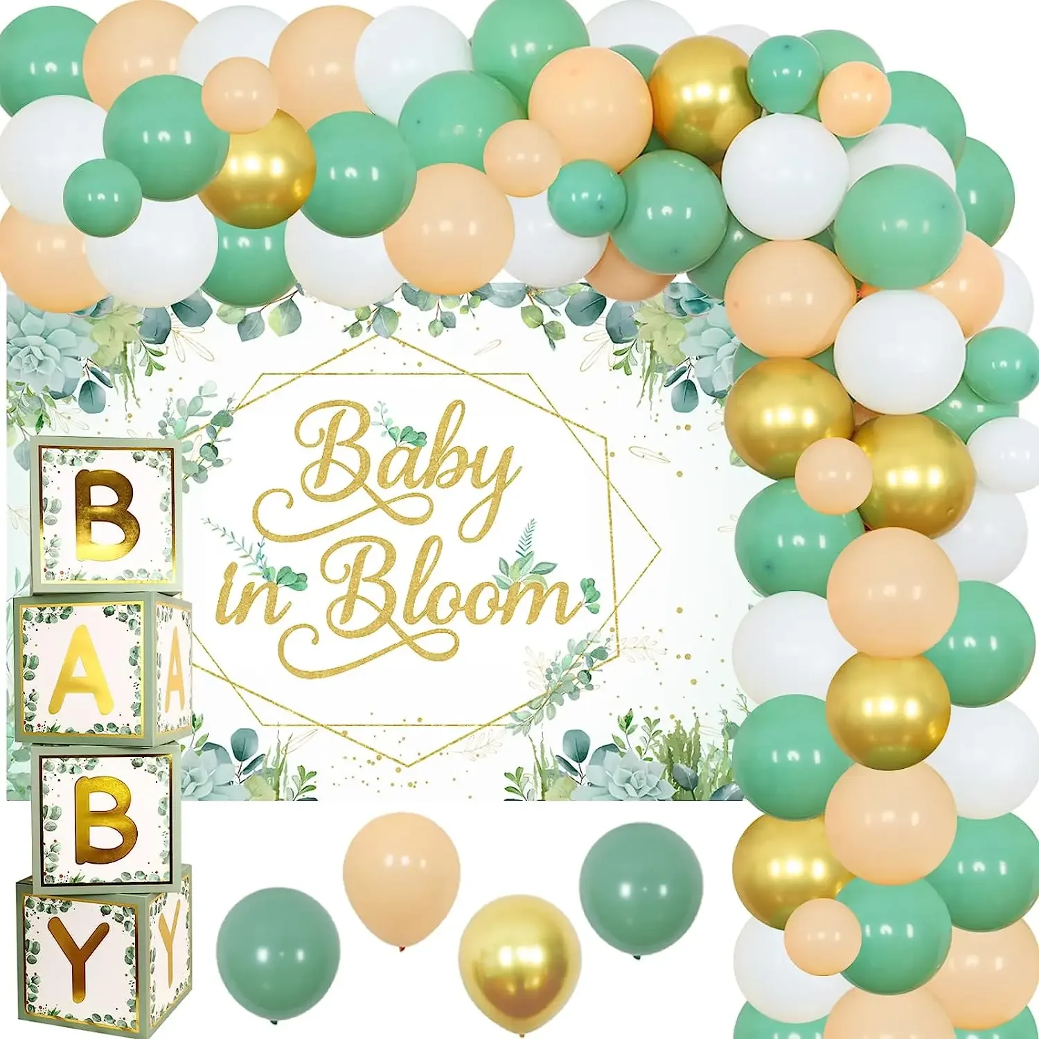 

Green Balloon Garland Kit with Backdrop Greenery Boxes, Baby in Bloom, Baby Shower Decorations, Boy Sage, Party Supplies