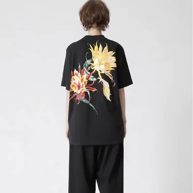 YAMAMOTO-Style T-shirt,HighQuality Backside With Carnation Flower Printed Design