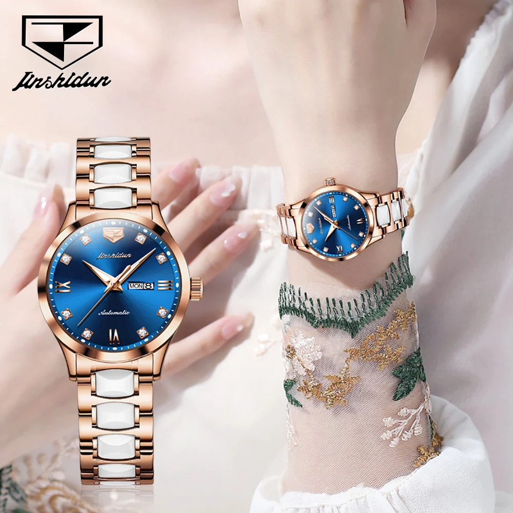 JSDUN Original Imported Seiko Movement Automatic Mechanical Wrist Watch for Women Elegant Ceramics Strap Waterproof Laides Watch