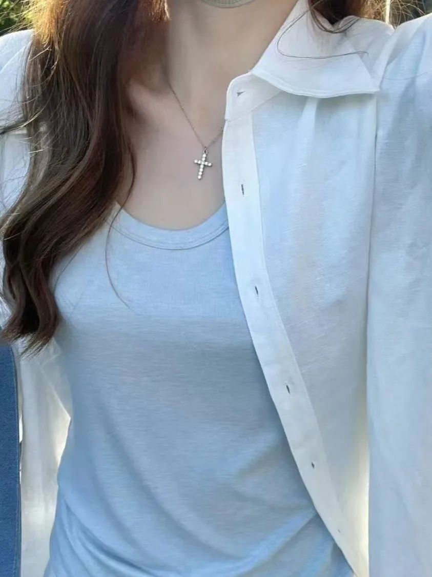 

Chic White Shirt Women's Layering Commute Casual Versatile Outerwear Cardigan Small Top Early Spring New Style Korean Loose Fit