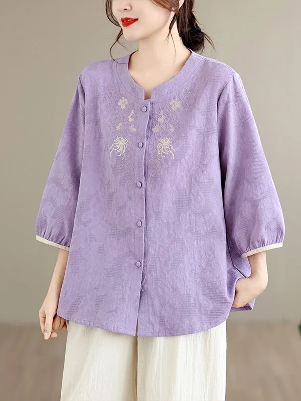 

Summer 2026 New Style Women's plus Size Cotton Linen Embroidered Shirt Five Sleeve Button round Neck Retro Artistic Open Card...