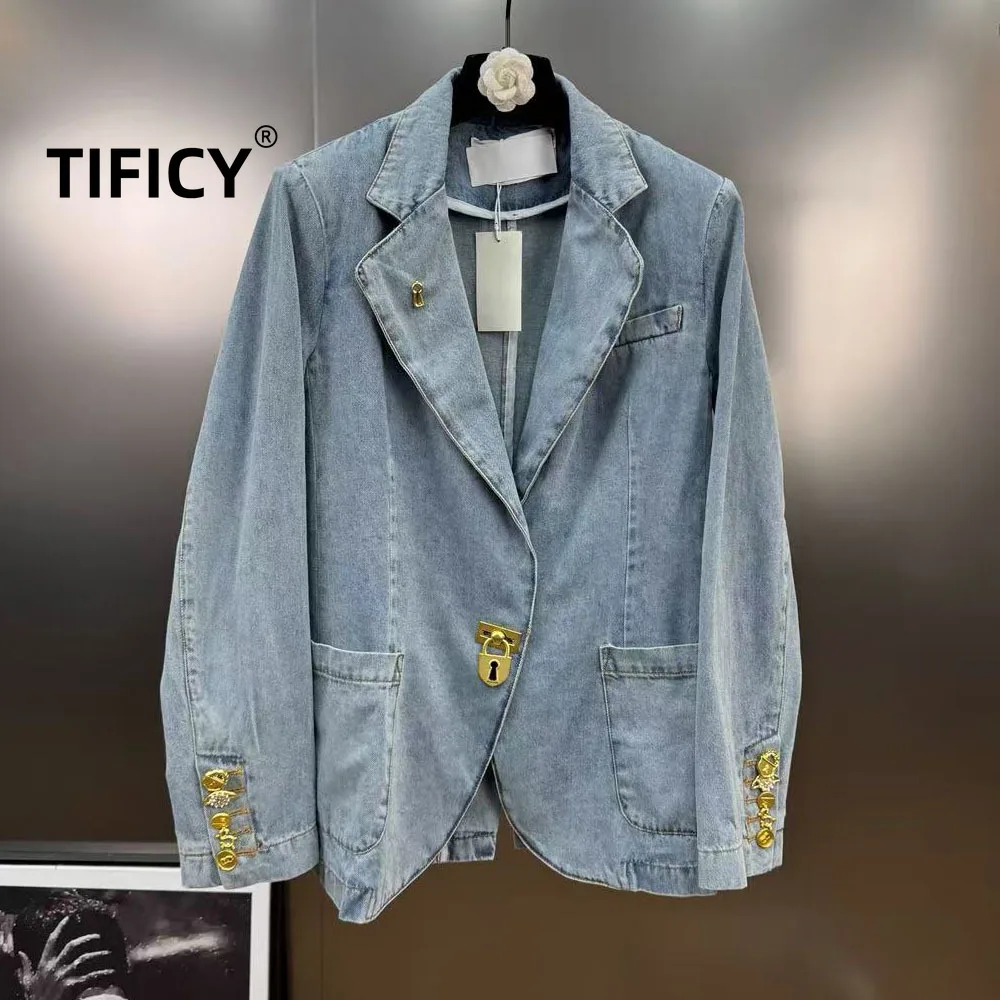 

High Street Jean Coats Women's Autumn French Retro Metal Buckle Design Flipped Over Shoulder Pad Long Sleeved Denim Suit Jacket