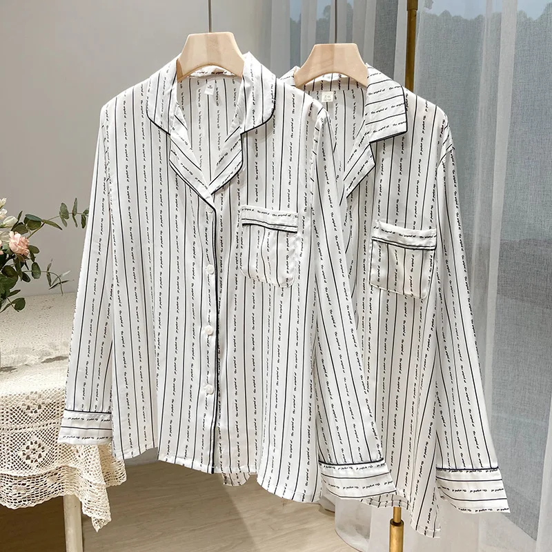 2PCS Pajamas Suit Women Print Striped Sleep Set Satin Casual Nightwear Home Clothes Long Sleeve Pyjamas Intimate Lingerie