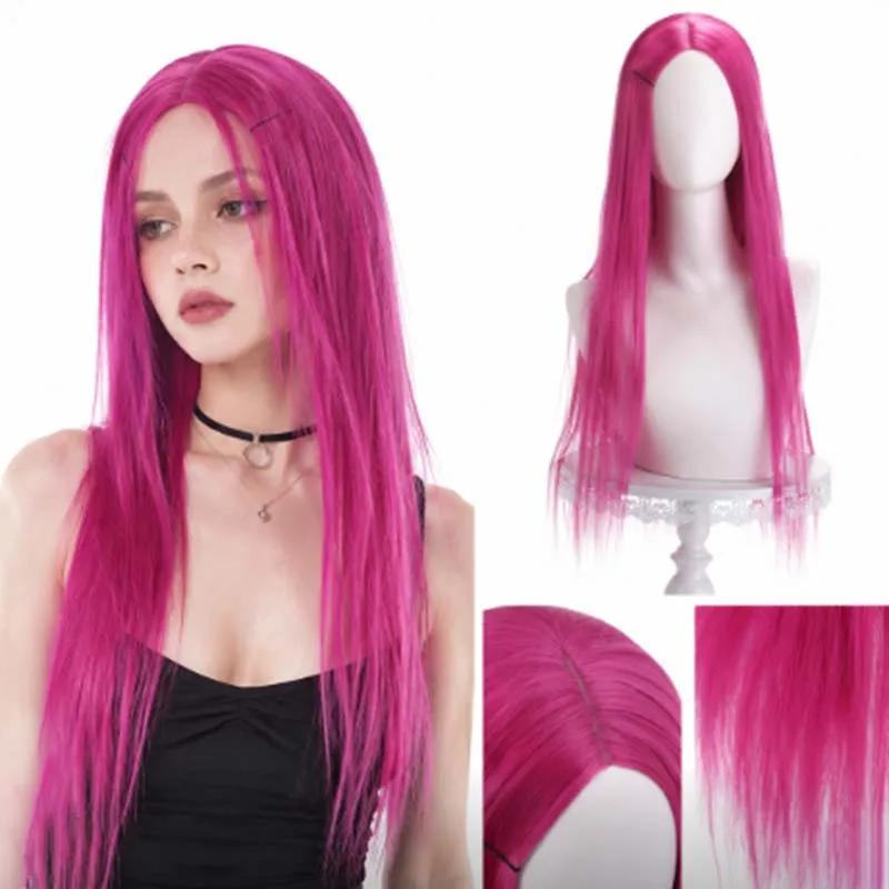 Long Straight Pink Synthetic Wig 100cm Center Parting Heat Resistant Cosplay Hair Wigs for Anime Halloween Carnival Costume