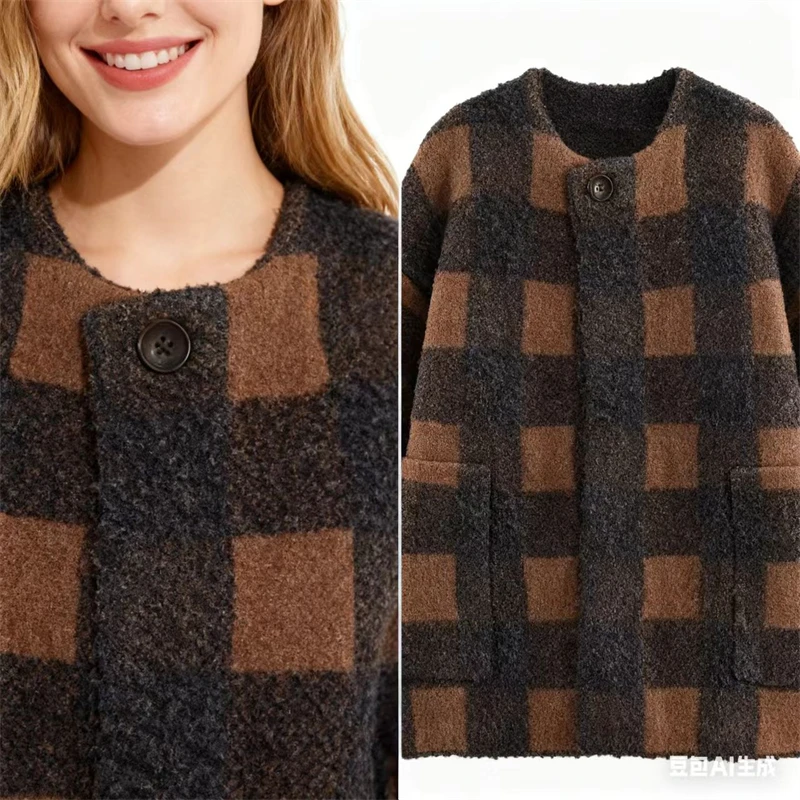 レディース ブラウン＆ネイビー チェック柄 ウール混紡コート - 冬用ラウンドネックシングルボタンオーバーサイズジャケット