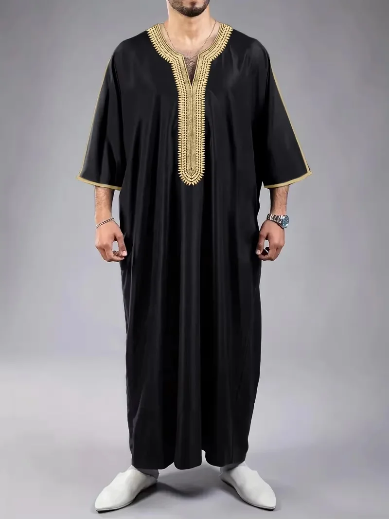 Muslim Ethnic Style Men's Long Robe, Eid Al Fitr Formal Attire, Round Neck Embroidered Men's Robe, Various Colors Men's Robe