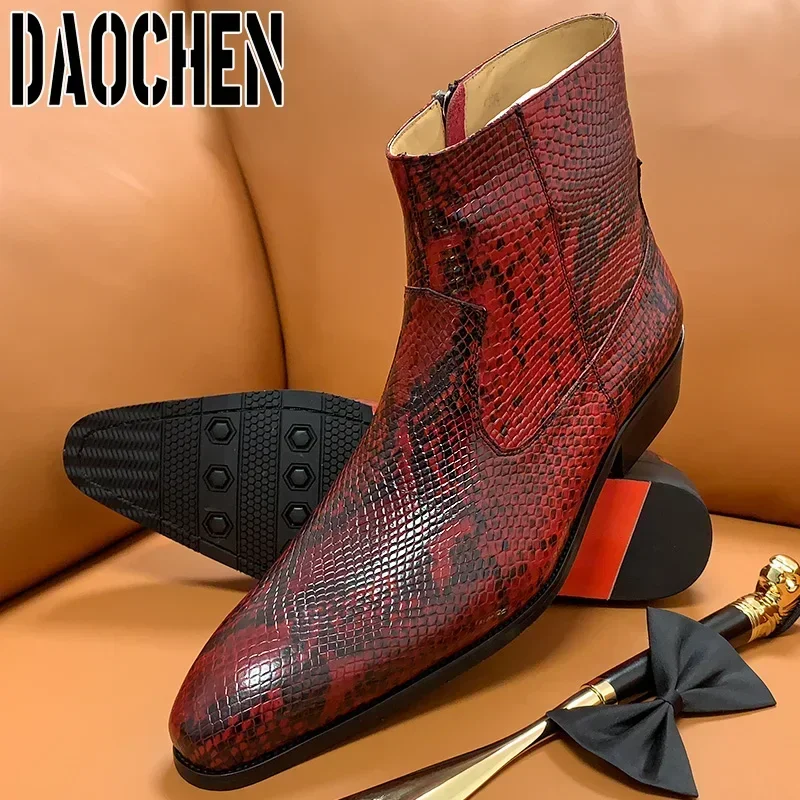 Luxury Brand Men\'s Boots High Zipper Mid-Calf Boots Slip On Python Casual Shoes Red White Basic Boots Leather Shoes Men