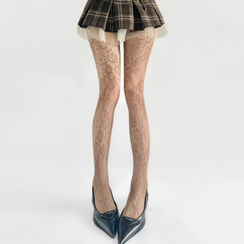 French Vintage Rose Floral Jacquard Fishnet Tights Ladies Hollow Lace White Sheer Pantyhose Sexy Pure Style For Sweet Matching