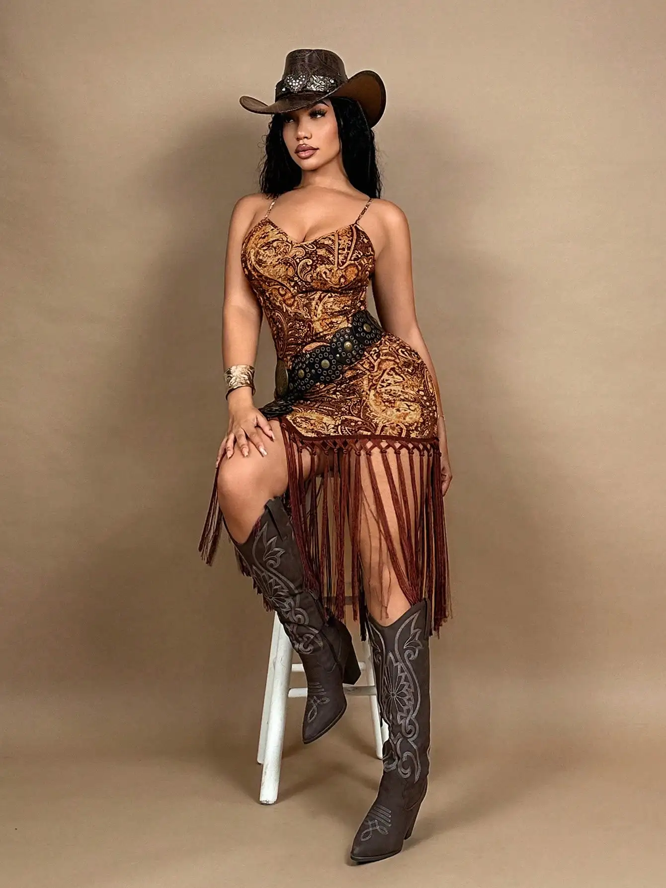 BWQ Vacation Music Festival Retro Printed Fringed Hem Backless Cami Mid-Length Dress, Women Summer Dresses,Western Wear Women