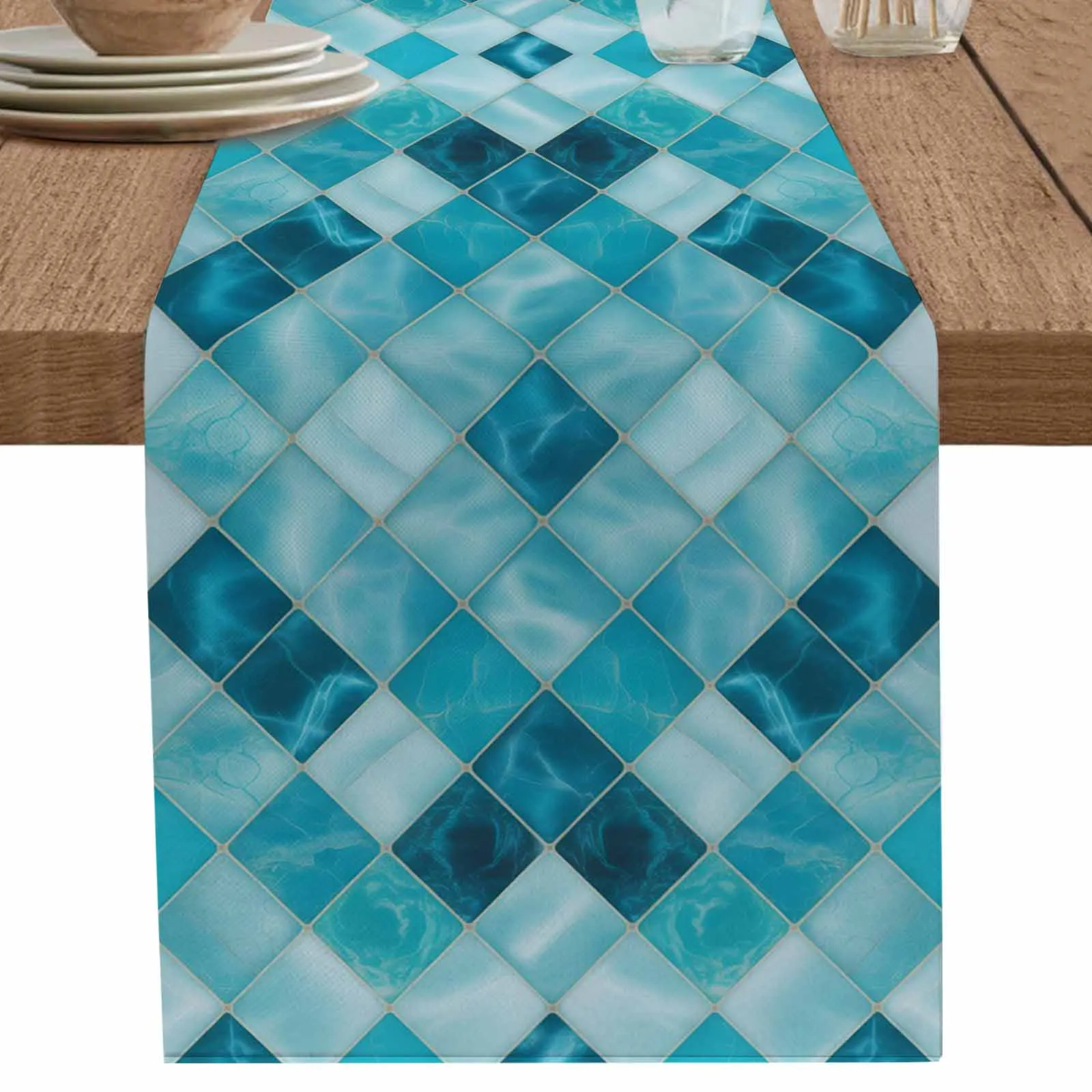 

1 PCS Vintage Diamond Blue Mosaic Decor Table Runner Party Polyester Table Cover for Home Dining Decoration