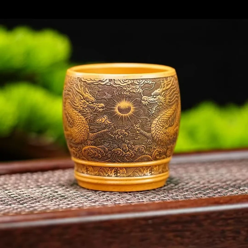 Purely Hand‑made Zisha Master Cup, Raw Yellow Duan Clay, Carved Double Dragons Playing with Pearl, 260ml