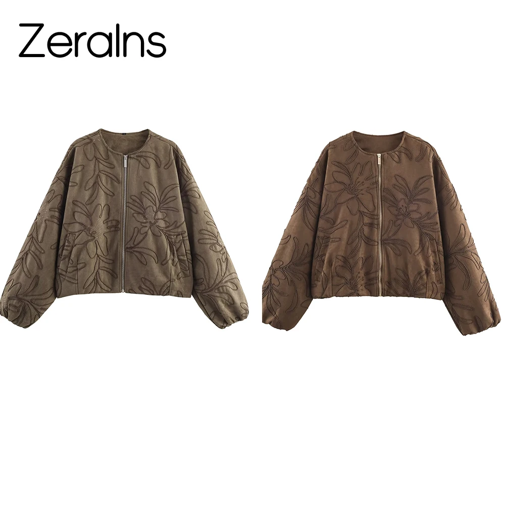 ZERAINS ملابس نسائية جديدة على الطراز الأوروبي والأمريكي من جلد الغزال برقبة دائرية مطرزة سترة طيار سترة قصيرة #1