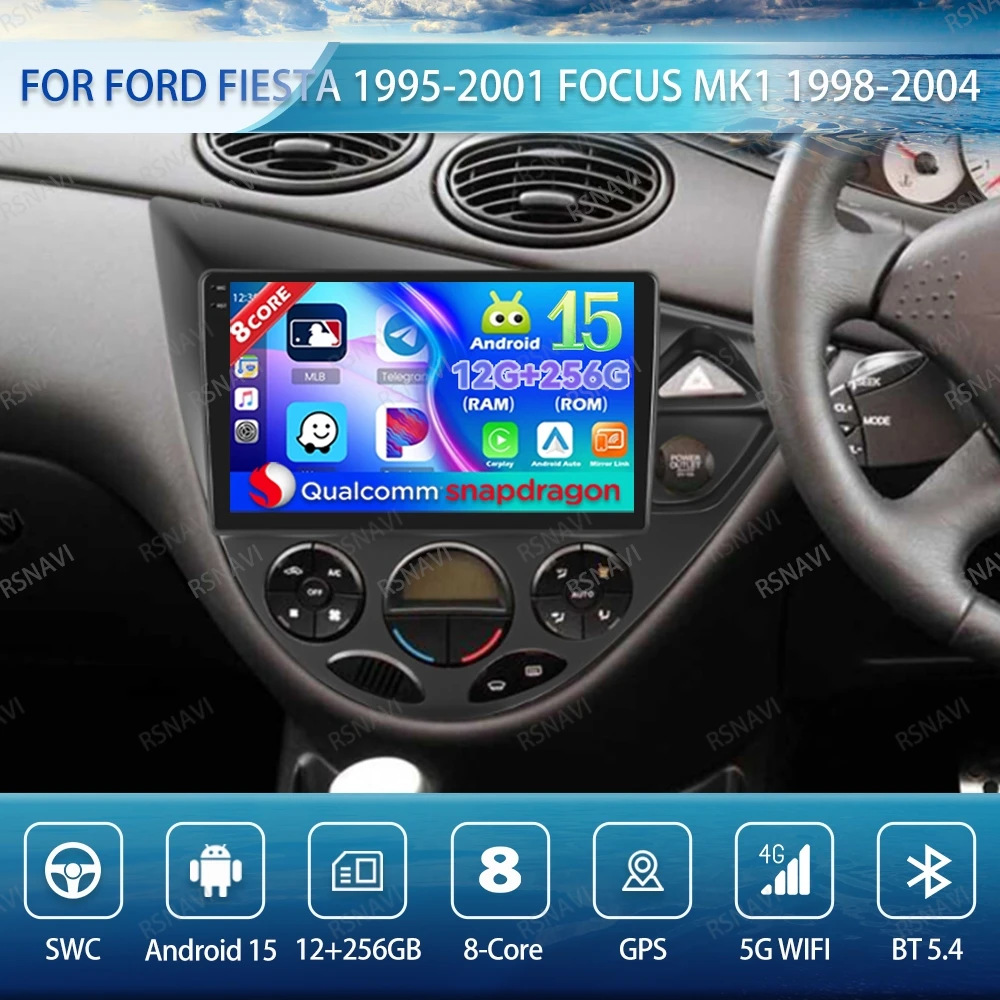 Android 15 Radio de coche para Ford Fiesta 1995-2001 Focus MK1 1998-2004 QLED DVD GPS Autoradio inalámbrico Carplay Auto estéreo 5G WIFI