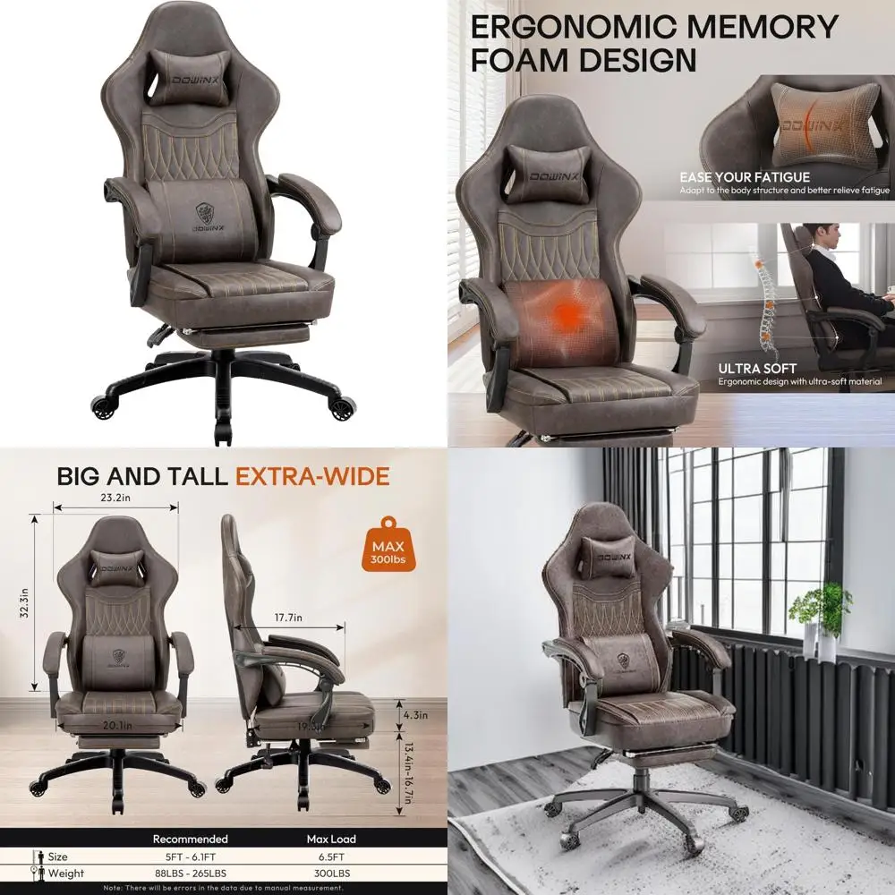 كرسي ألعاب Dowinx قابل للتنفس من جلد البولي يوريثان مع مسند للقدمين ودعم قطني للتدليك، كرسي مريح كبير وطويل القامة #1