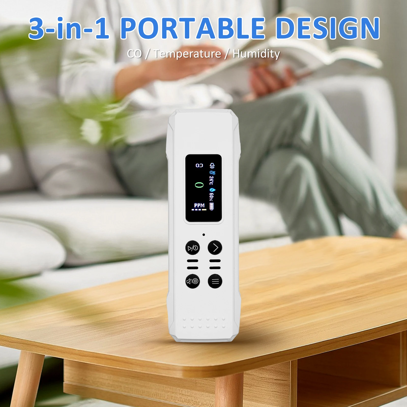 3-in-1 Carbon Monoxide Detector CO Meter 0-1000PPM Portable Air Quality Monitor Lanyard Alarm CO Gas Meter Temperature Sensor