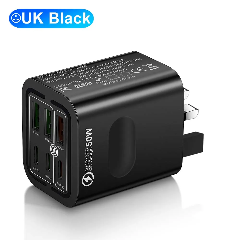 Insgesamt 100 W 6 Ports Schnellladung EU/US/UK Stecker Wandladegerät für iPhone Samsung Xiaomi Huawei USB Handy Ladegerät Adapter – Detail 15