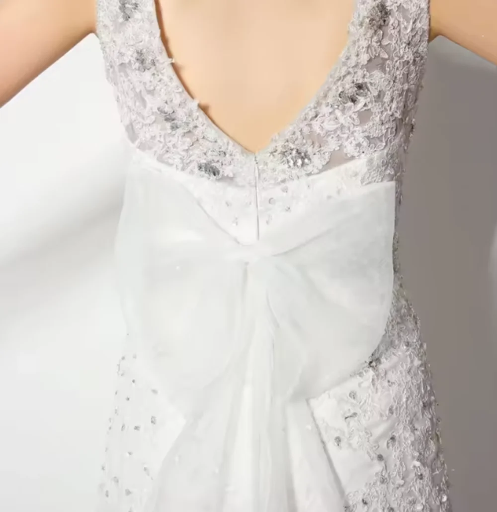 Vestido de novia blanco personalizado, tul, lentejuelas, apliques florales, lazo sin mangas para boda, fiesta de cumpleaños, banquete, vestido de fiesta de noche