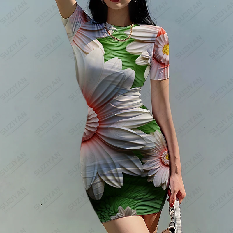 Summer new ladies slim dress, daisy 3D printed lady dress, beautiful lady slim dress trend fashion lady slim dress